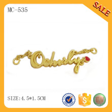 MC535 Gold Color Letter Hang Tag design, plaque métallique pour vêtements / sac